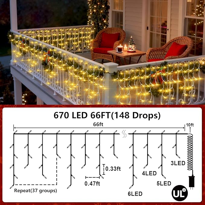 670 LED Christmas Lights Outdoor, 66ft Warm White String Lights Indoor with 148 Drops 12 Modes, Dimmable Curtain Window Lights, Waterproof Twinkle Fairy Lights with Timer for Christmas Decorations