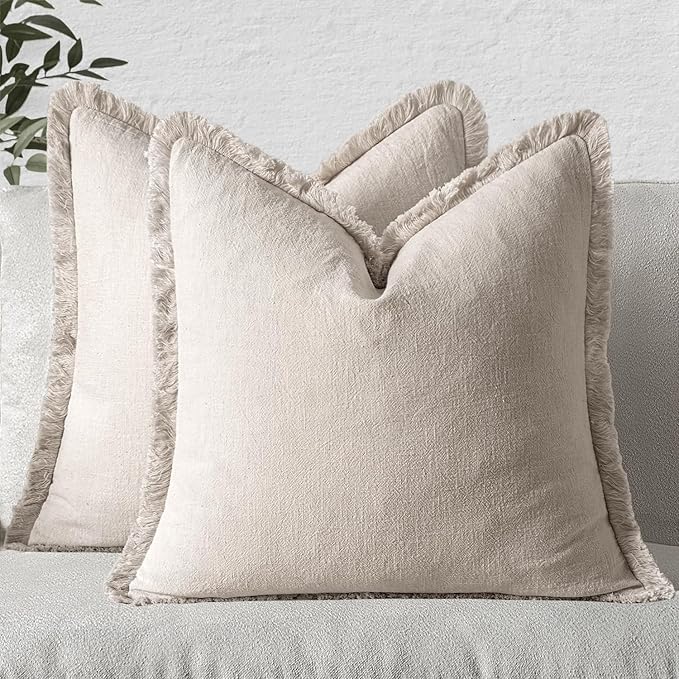 MIULEE Christmas Decorative Throw Pillow Covers Neutral Linen Fringe Fall Throw Pillows Set of 2 Natural Beige Boho Farmhouse Cushion Covers with Tassels for Couch Sofa Bed Home Decor 20x20 Inch