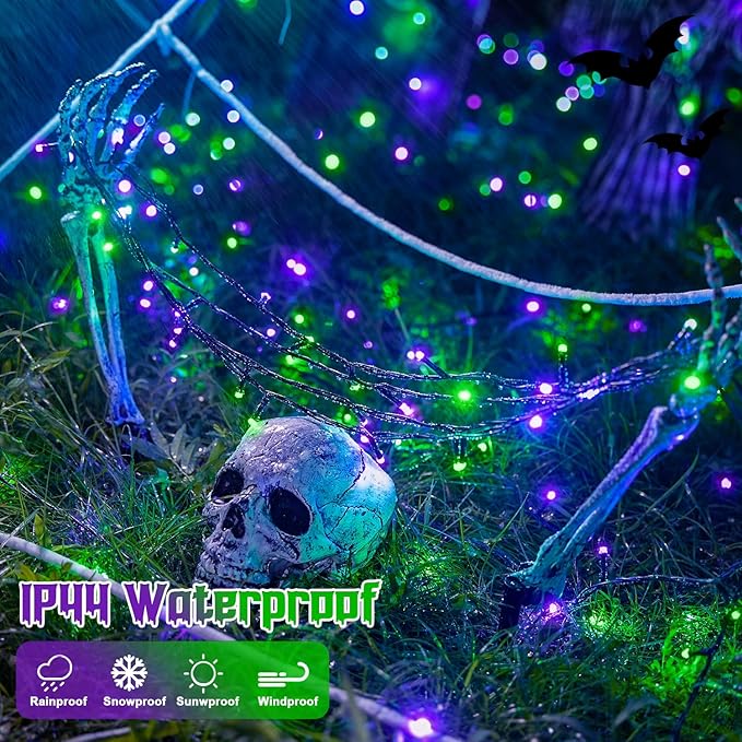 JMEXSUSS 200 LED Purple and Green Halloween Lights Plug in, 66ft Connectable Halloween String Lights,8 Modes Outdoor Waterproof Tree Light for Yard Outdoor Indoor Bedroom Garden Patio Decor