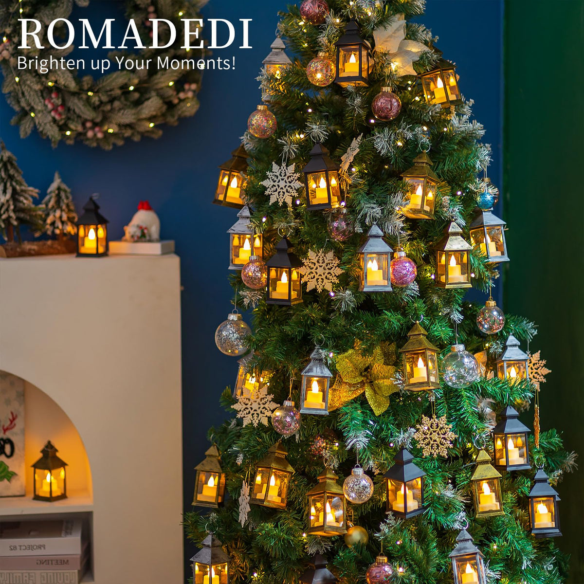 Romadedi Mini Lanterns Decorative for Centerpiece -10 PCS Hanging Small Gold Lantern Bulk with Flickering LED Candles for Wedding Table Decor Halloween Decorations Christmas, Batteries Included