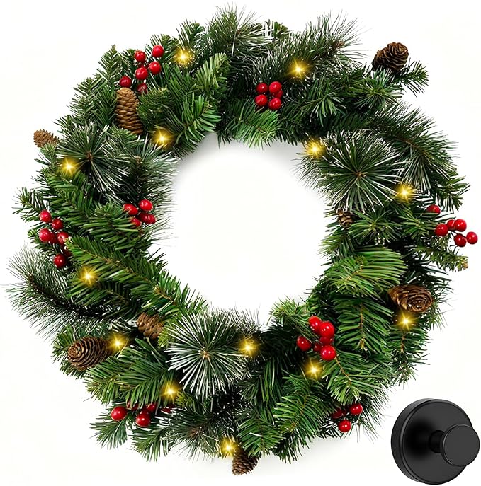24 Inch Artificial Pre-Lit Christmas Wreath with Suction Cup Hook, Mixed Pine Decorated Frosted Berries, Pinecones, 50 LED Lights, Battery Operated, Holiday Decoration for Front Door, Outdoor