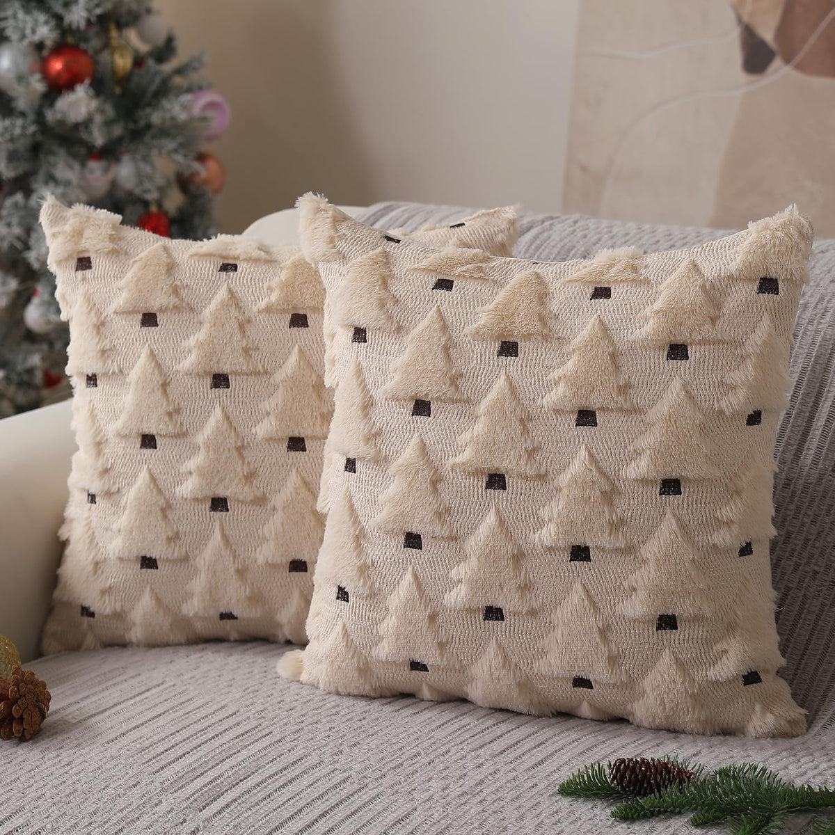 Allorry Christmas Pillow Covers 16x16 inch Set of 2 Xmas Decorations Soft Plush Faux Fur Wool Beige Christmas Tree Throw Pillow Cases Winter Holiday Decor for Sofa Living Room PT-002C16