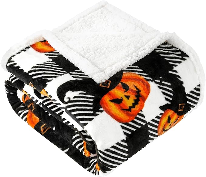 Touchat Halloween Blanket Twin Size 60" X 70"，Pumpkin Sherpa Fall Fuzzy Fluffy Soft Cozy Blankets, Fleece Flannel Plush Microfiber Throw for Couch Bed Sofa, Halloween Decor (BlackHalloween)