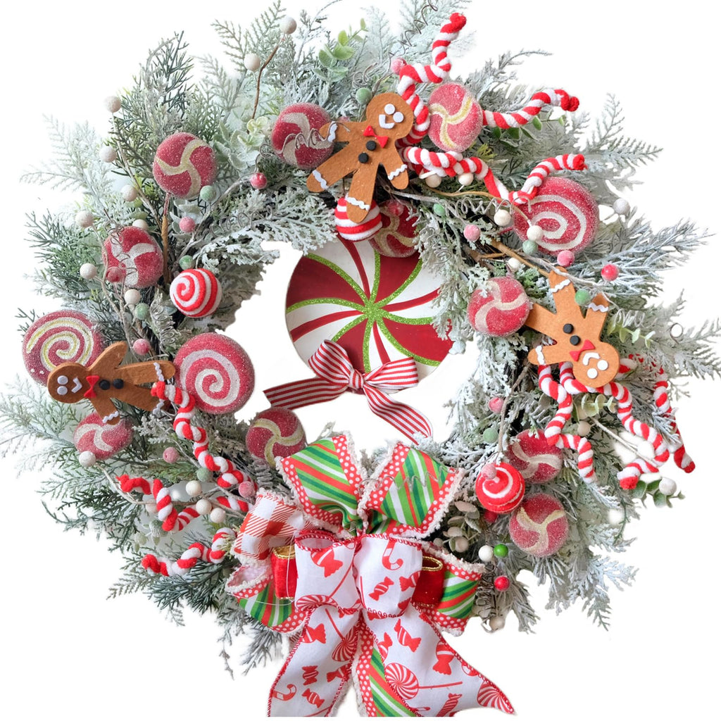 Egolot 24 Inch Winter Christmas Candy Cane Wreath for Front Door, Christmas Red White Xmas Indoor Outdoor Candy Gingerbread Wreath, Holiday Wreaths for Window Wall