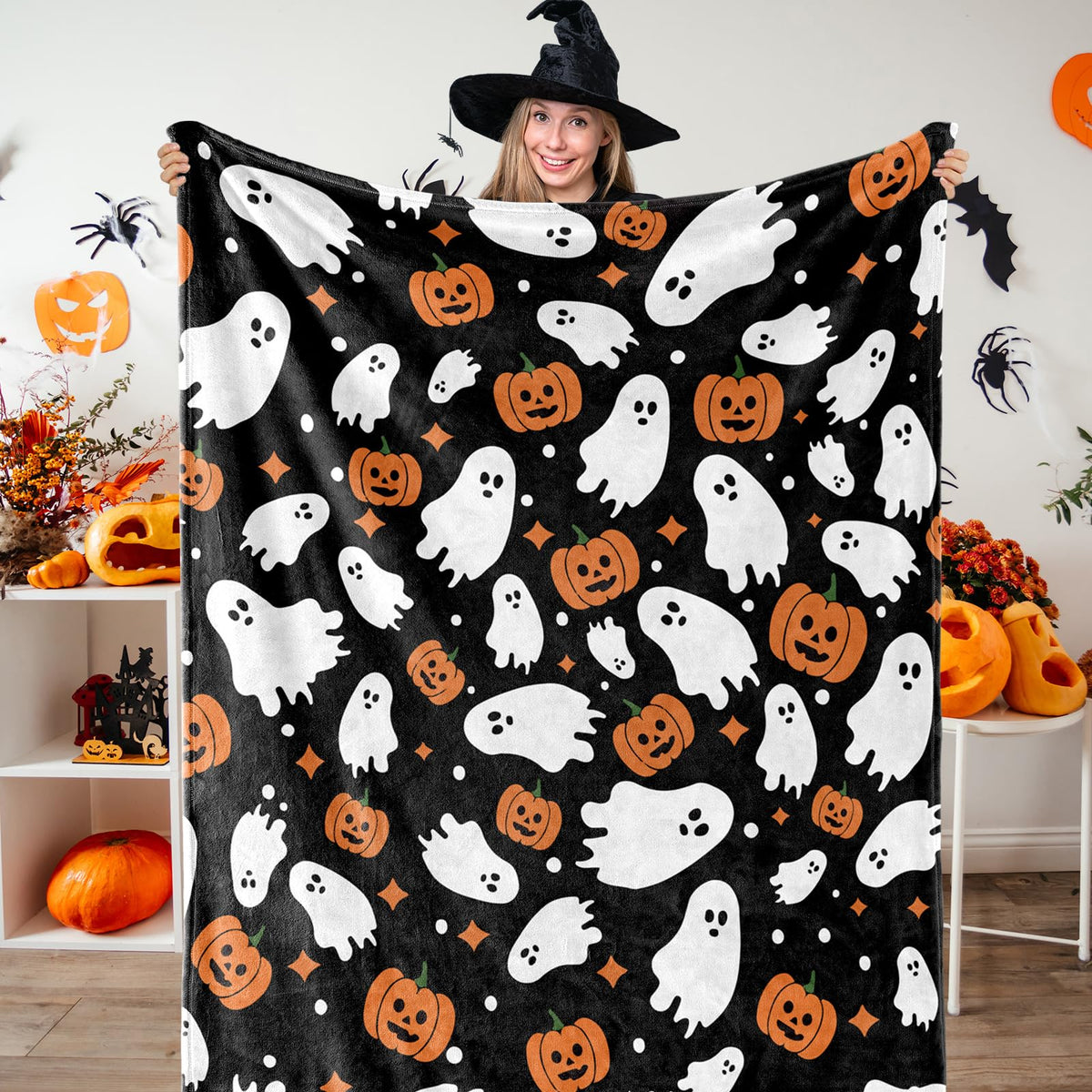 JarThenaAMCS Halloween Fuzzy Flannel Blanket Boo Ghost Pumpkin Throw Blanket Black Soft Blankets for Farmhouse Home Sofa Chair Bed Couch, 60 x 70 Inch