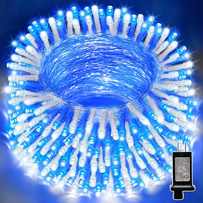 LAMPHOME 33ft Christmas Decorative Mini Lights, 100 LED Transparent Wire Fairy Starry String Lights Plug in, 16 Lighting Modes for Outdoor Xmas Tree Wedding Party Decoration (White+Blue)