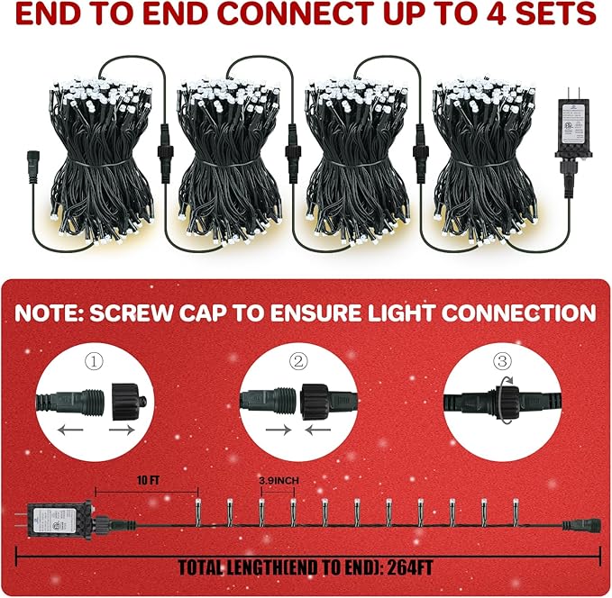 264FT 800 LED Christmas Lights with Timer, Twinkle Fairy Lights String with 8 Flashing Modes String Lights for Indoor Bedroom Outdoor Christmas Trees Garland Wreath Holiday Decorations, Cool White