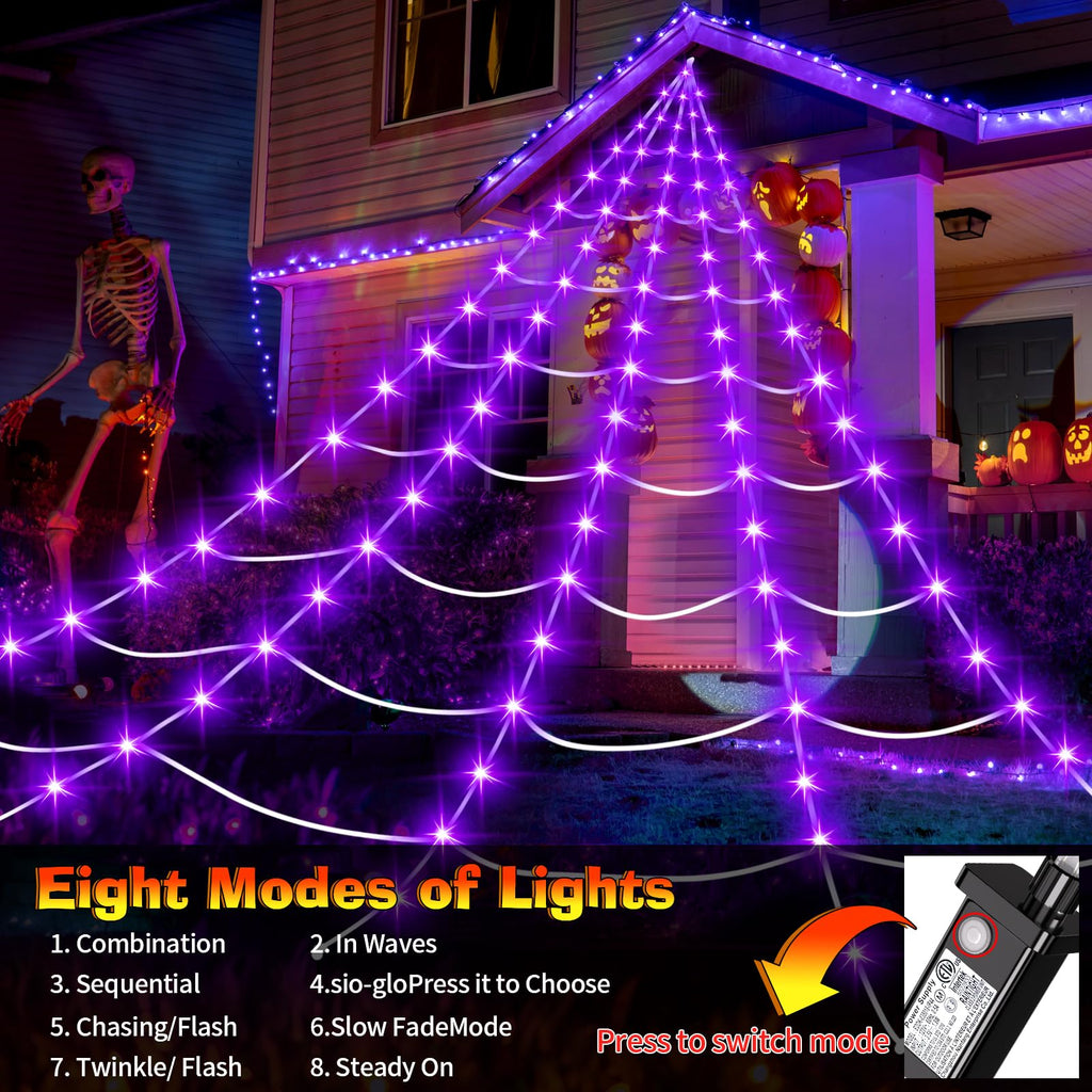Halloween Decorations Outdoor, 200 LED Halloween Giant Spider Web Lights, 16.4Ft Lighted Spider Web Light up for Yard Haunted House Decor