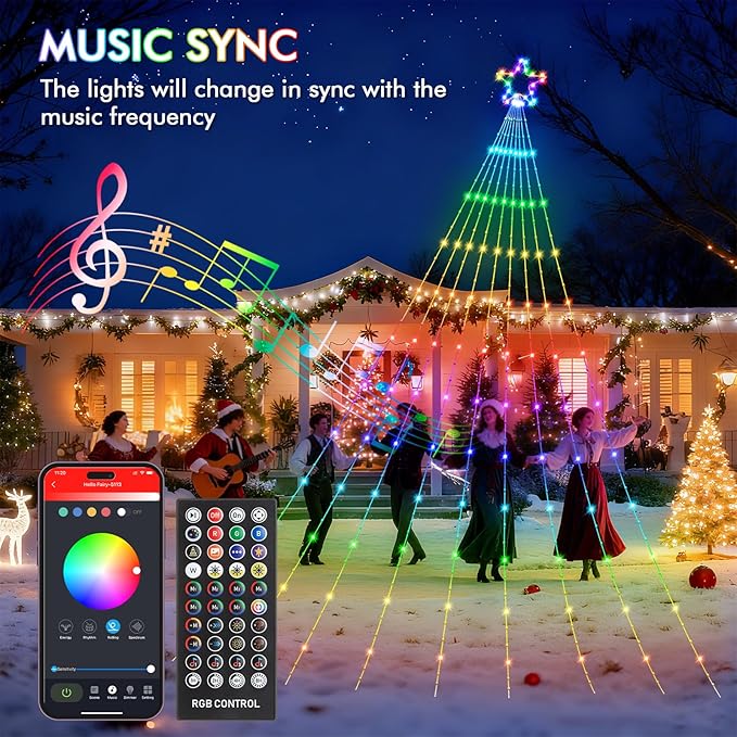 Outdoor Christmas Decorations, 11.8FT RGB Color Changing Christmas Hanging Waterfall String Lights with Star, APP Remote Control, DIY Multi-Color Lightshow, Music Sync, Xmas New Year Decor