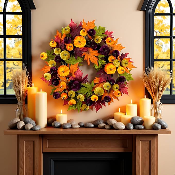 YULETIME 24" Fall Wreath, Artificial Autumn Wreath with Red, Orange, Green Maple Leaves and Orange, Purple, Green-Yellow Pumpkins (Pumpkin & Maple Leaf)
