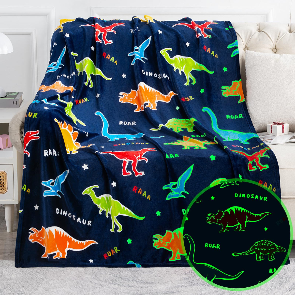 Jekeno Dinosaur Glow in The Dark Blanket Dino Gift Throw for Kids Boys Girls Birthday Christmas Halloween Easter Decor for Age 1-16 Years Old Teens Child Toddler Son Throw Navy Blue 50"x60"