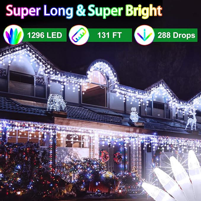 1296 LED 131FT Christmas Lights 288 Drops, Outdoor Hanging lights with 8 Modes & Timer, Plug in Curtain String Light Outdoor Waterproof for House Tree Holiday Wedding Party Outside Decor (Cool White)