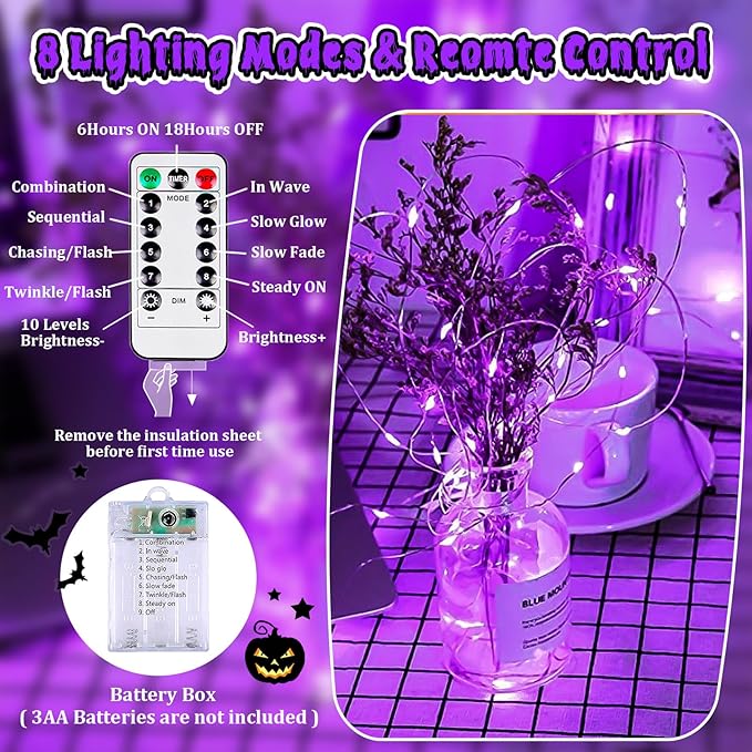 3 Pack Fairy Lights Battery Operated with Remote & Timer, 26 FT 80 LED Halloween String Lights Outdoor Indoor Decoration, 8 Modes Twinkle Lights for Halloween Party Christmas Bedroom Décor (Purple)