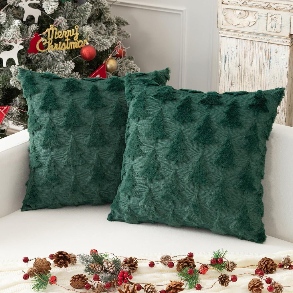 TBAVNOSY Christmas Tree Pillow Covers Set of 2 18x18 inches, 3D Xmas Tree Shaped Faux Fur Throw Pillow Covers for Couch, Sofa, Living Room Winter Holiday Decor, Farmhouse (Dark Green)