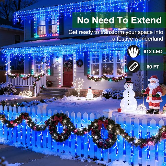 612 LED Christmas Lights with 136 Drops, 60ft 12 Modes Hanging ice String Lights with Timer & Dimmable & Waterproof, Plug-in Fairy Lights for Indoor Tree Holiday Wedding Party Christmas Decor Blue