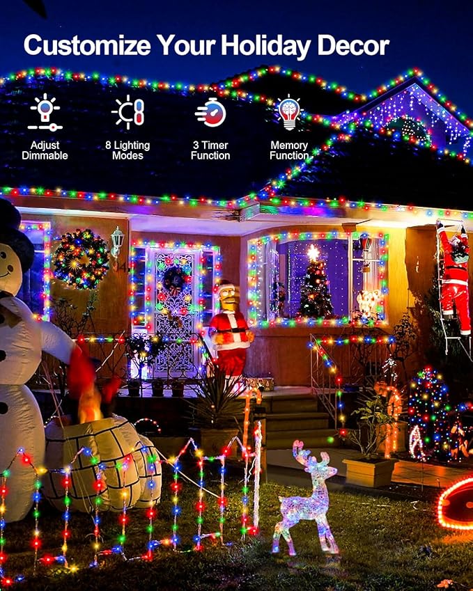 Total 250FT 760 LED String Lights Indoor Outdoor Clear Wire, 2 Packs 380 LED Christmas Lights for Bedroom, Timer & Memory, Plug in Fairy Lights for Tree Outside Xmas Holiday Decorations, Multicolor