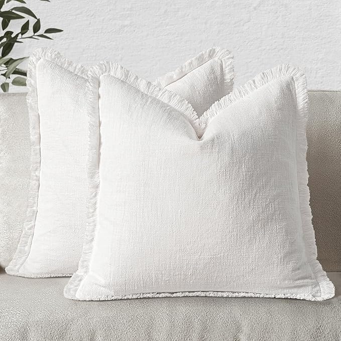 MIULEE Christmas Decorative Throw Pillow Covers Neutral Linen Fringe Throw Pillows Euro Shams Set of 2 White Boho Farmhouse Cushion Covers for Couch Sofa Bed Living Room Spring Home Decor 22x22 Inch