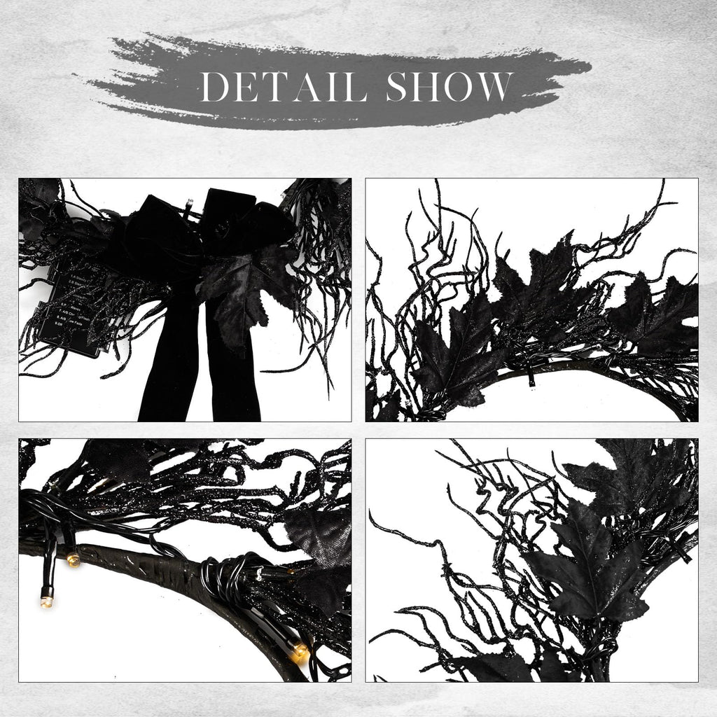 JORNOY 16inch LED Halloween Wreath with Battery Timer - Black Artificial Leaves&Silk Ribbon Decor Hanging for Front Door, Mantel, Porch, Wall, Party Decorations