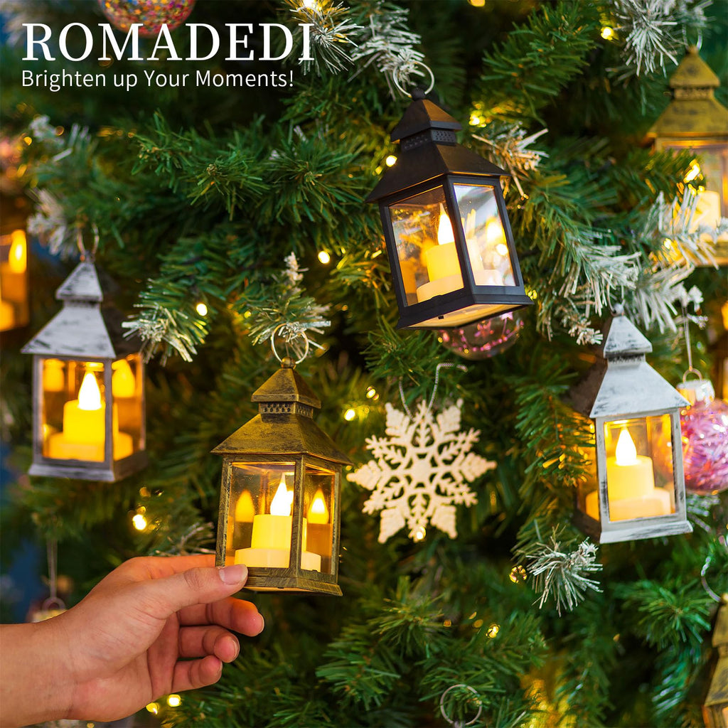 Romadedi Mini Lanterns Decorative for Wedding Centerpiece - 20 PCS Hanging Small Gold Lantern Bulk with Flickering LED Candles for Halloween Decorations Christmas Table Decor, Batteries Included