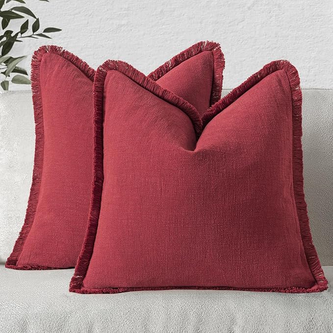 MIULEE Christmas Decorative Throw Pillow Covers Neutral Linen Fringe Throw Pillows Set of 2 Burgundy Boho Farmhouse Cushion Covers with Tassels for Couch Sofa Bed Living Room Home Decor 18x18 Inch