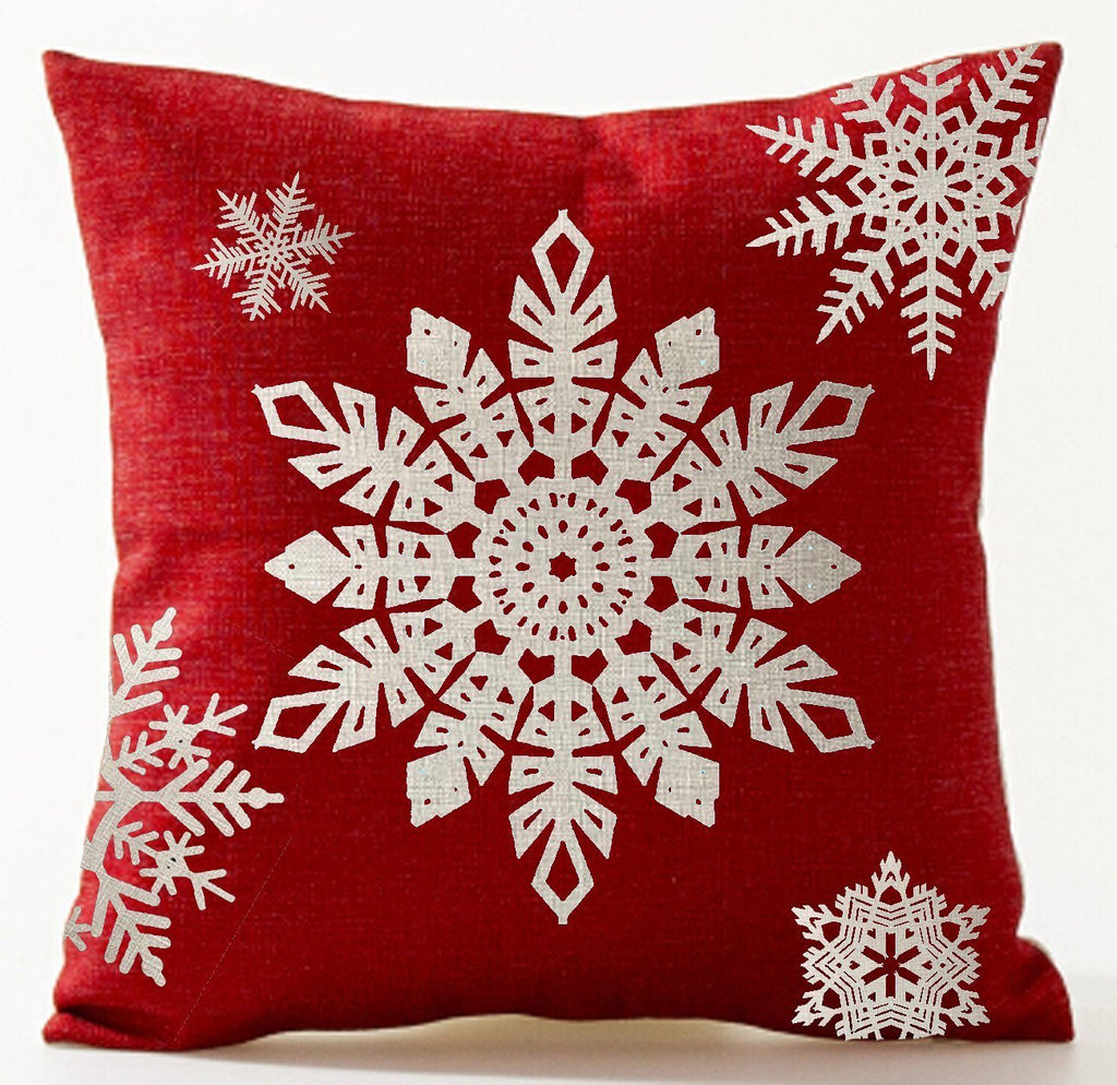 Andreannie Set of 4 Throw Pillow Cover Christmas Beige Shadow Let It Snow Snowflakes Red Cotton Linen Throw Pillow Case Cushion Cover for Sofa Bed Couch Home Decor Square 18 X 18 Inches(Blood Red)