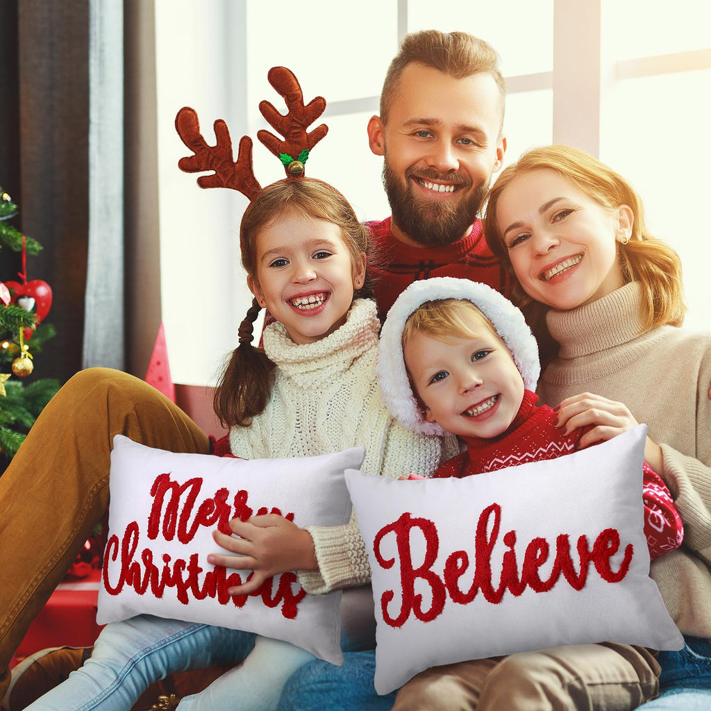Jetec Set of 2 Christmas Throw Pillow Covers 12x20 Inch Merry Christmas Believe Embroidery Pillow Covers Farmhouse Throw Cushion Case for Home Living Room Bedroom Holiday Parties and Gifts