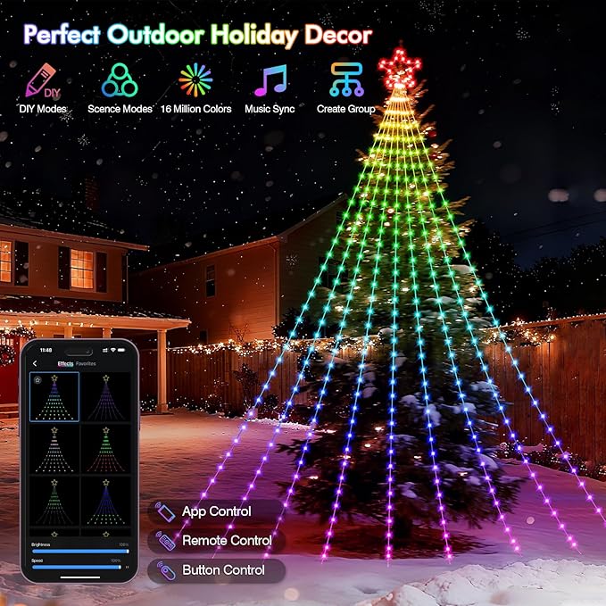Outdoor Christmas Decorations, 11.8FT RGB Color Changing Christmas Hanging Waterfall String Lights with Star, APP Remote Control, DIY Multi-Color Lightshow, Music Sync, Xmas New Year Decor
