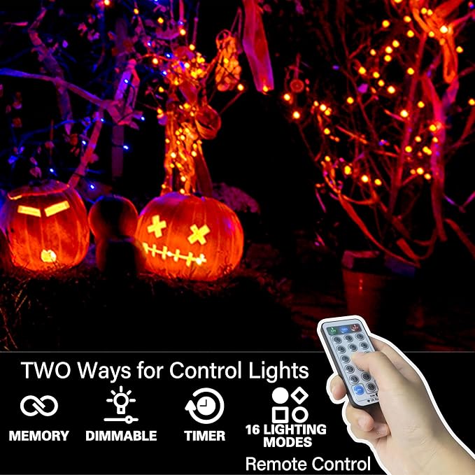 LAMPHOME 33ft Halloween Decorative Mini Lights, 100 LED Transparent Wire Fairy Starry String Lights Plug in, 12 Lighting Modes, for Halloween Decoration Outdoor Party Decoration (Orange and Purple)