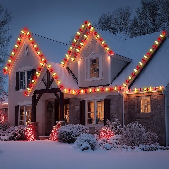 TW SHINE C9 Christmas Lights, 100 LED 66 FT Christmas String Lights Outdoor with 100 Spring Clips and Timer, Waterproof Connectable for Indoor Yard Xmas Tree House Decorations (Red & Warm White)