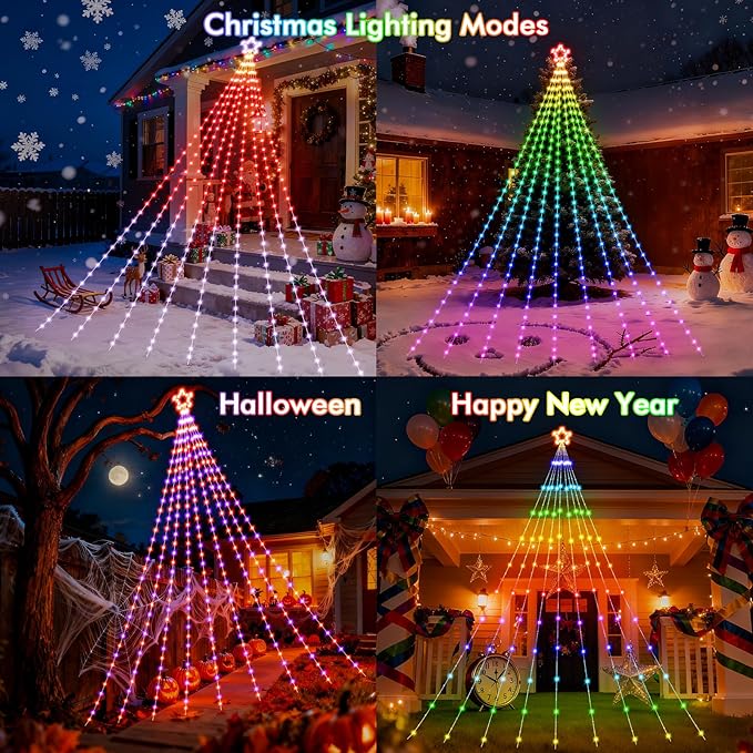 Outdoor Christmas Decorations, 16.4FT RGB Color Changing Christmas Hanging Waterfall String Lights with Star, APP Remote Control, DIY Multi-Color Lightshow, Music Sync, Xmas New Year Decor