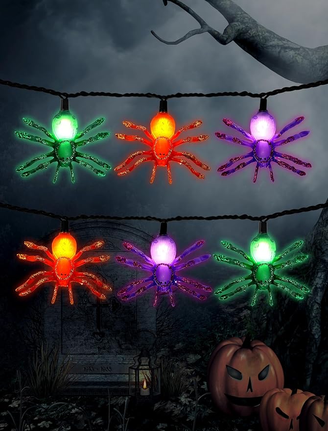 Sparkling Halloween String Lights, 12ft 20 LED Glitter Spiders, UL Certified Plug in Indoor Halloween Decor for Home, Mantle, Window & Party