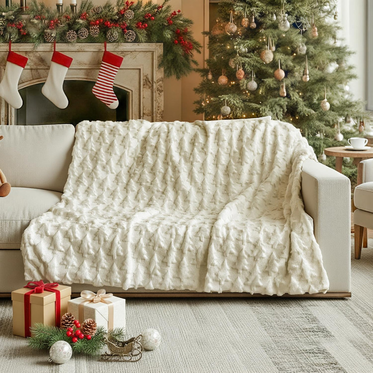 Horaldaily Christmas Blanket Throw, Beige Christmas Tree Soft Fuzzy Plush Faux Fur Cozy Blankets for Couch Sofa Bed Lounging, Ideal Gifts for Kids Adults Wife Self, 50x60