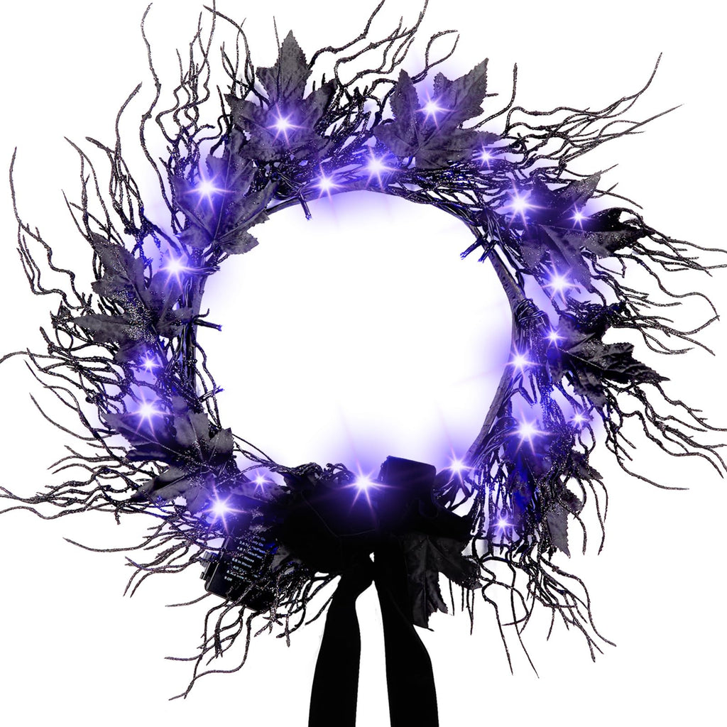 JORNOY 16inch LED Halloween Wreath with Battery Timer - Black Artificial Leaves&Silk Ribbon Decor Hanging for Front Door, Mantel, Porch, Wall, Party Decorations