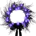 JORNOY 16inch LED Halloween Wreath with Battery Timer - Black Artificial Leaves&Silk Ribbon Decor Hanging for Front Door, Mantel, Porch, Wall, Party Decorations