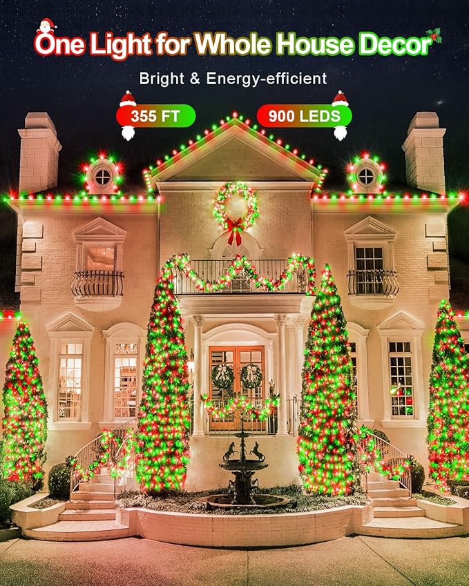 355FT 900 LED Christmas Lights, Extra Long Outdoor String Lights Waterproof, Timer & Memory, 8 Modes Dimmable Plug in Fairy Light for Outside Tree Patry Holiday Indoor Xmas Decorations, Red and Green