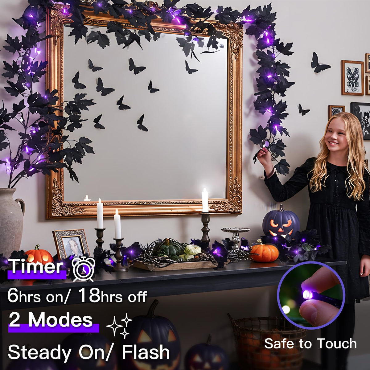suddus 20 LED Halloween String Lights Battery Operated with Black Maple Leaves 6.5 ft Halloween Garland Decor for Yard, Porch, Table, Wall, Party, Indoor and Outdoor Decorations