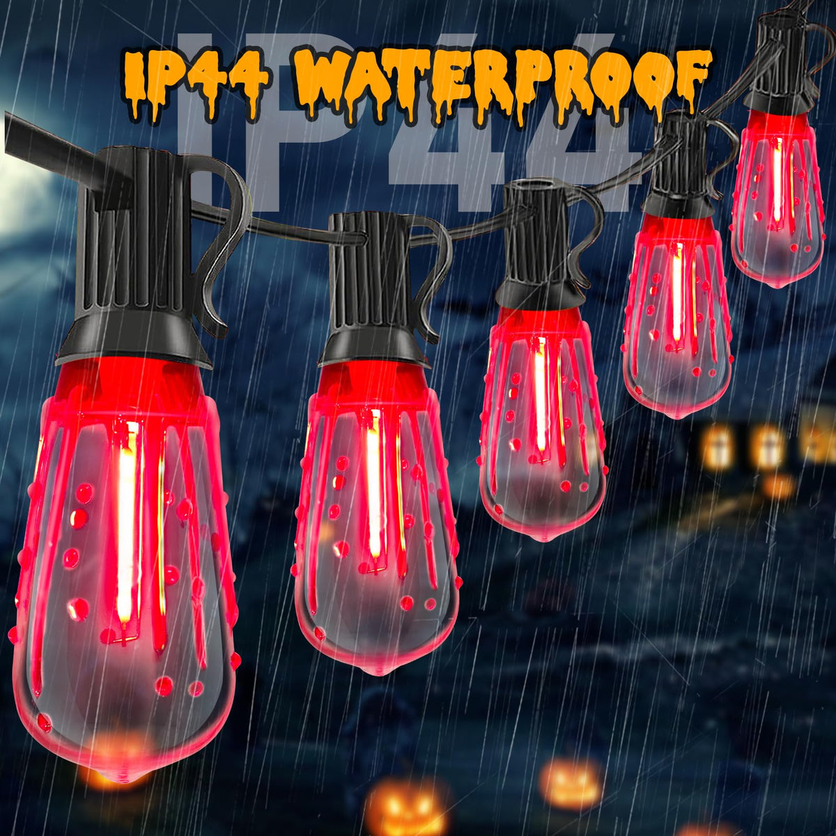 Abeja LED Flame String Lights, 10Ft ST40 Halloween Flicker Flame String Lights with 10 LED Flame Bloody Tears Bulbs, Hanging Outdoor Halloween Light for Patio Garden Party Backyard -Black
