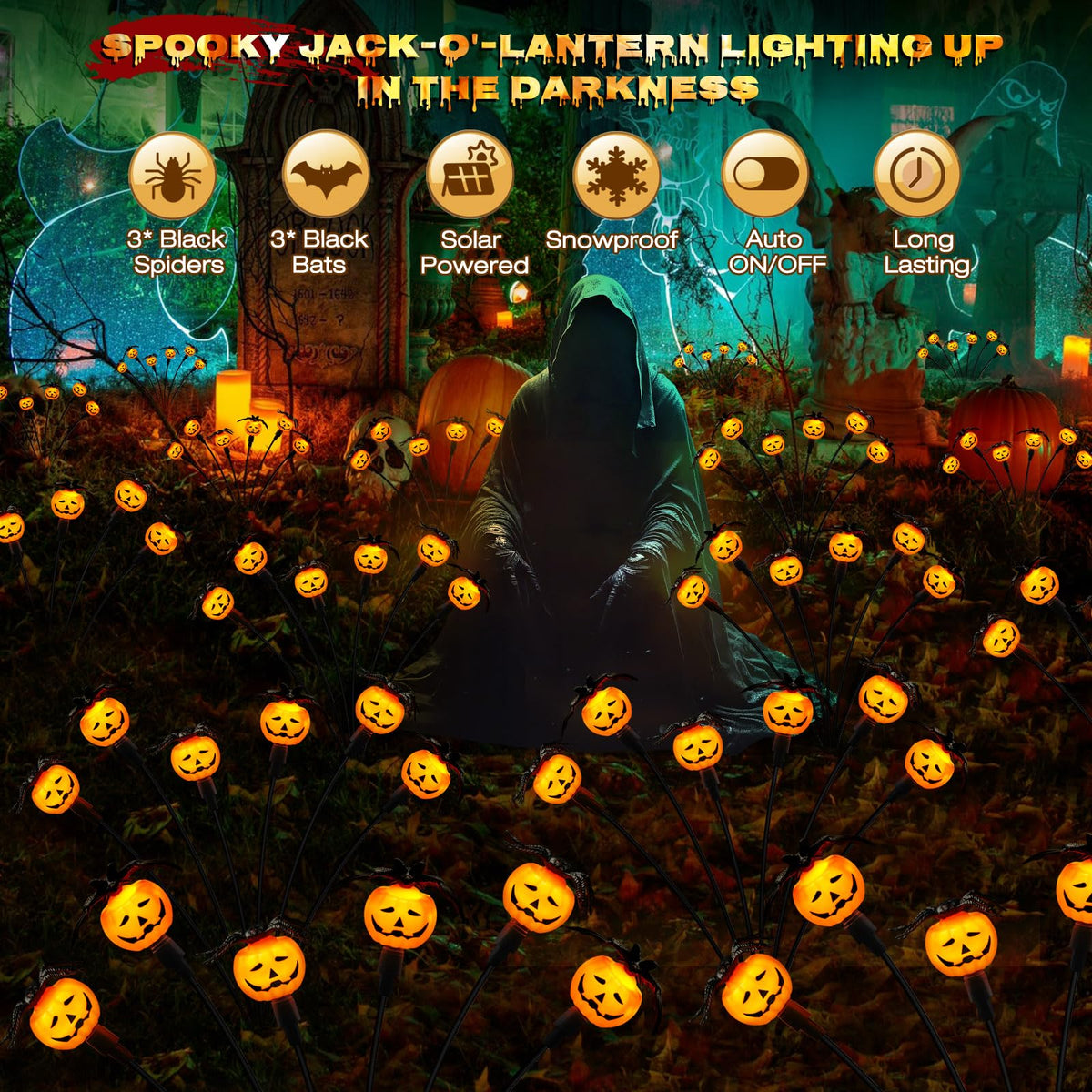 Weepong Halloween Decorations Outdoor 4 Pack Solar Lights, 24 LED Scary Pumpkin Swaying Firefly Lights with Spider & Bats for Outside Garden Yard Lawn Grave Cemetery Ghost Decor Party, Orange