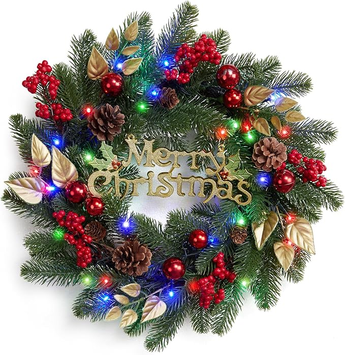 18 Inch Christmas Wreaths for Front Door, Lighted Outdoor Christmas Wreath with 40 LED Lights Timer Pine Cones for Window Fireplace Winter Xmas Decorations, Battery Operated