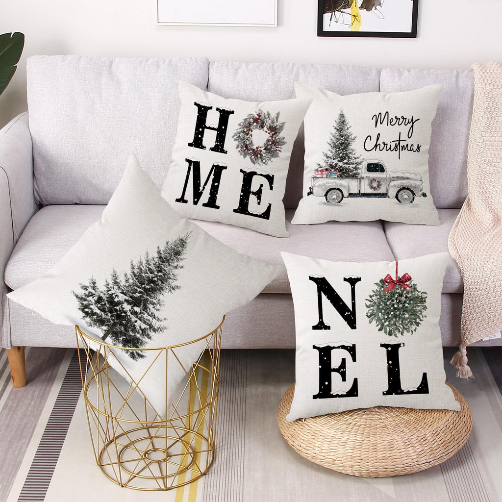 Coeufuedy Christmas Pillow Covers - 18x18 Inch Set of 4 Home Noel Truck Tree Holiday Cushion Covers Farmhouse Christmas Decoration for Sofa Couch Living Room