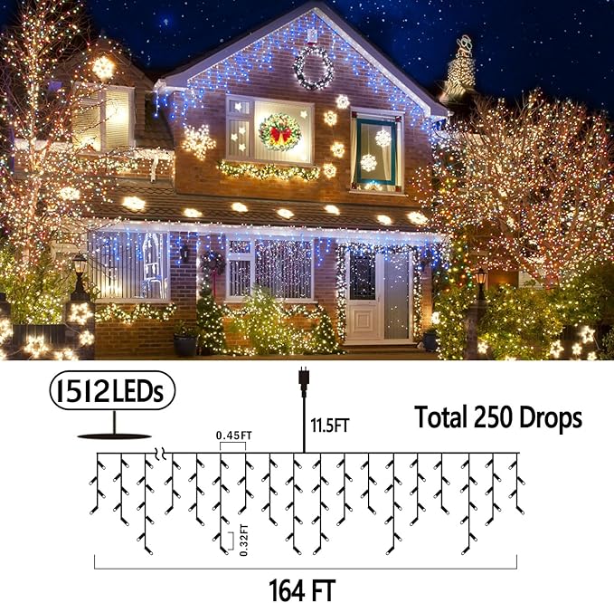 164FT Christmas Lights Outdoor Decorations 1512LED Fairy String Light 12 Lighting Modes with Timer Memory Waterproof Christmas Light for Yard Roof Party Holiday Wedding Garden Decor