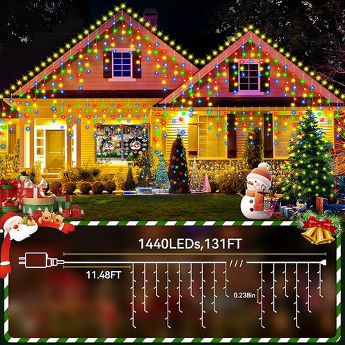 131FT Christmas Lights Outdoor 1440 LED Christmas Decorations Waterproof Plug in with 8 Modes & Timer Christmas Lights for Roof Party Garden Holiday Decor (Multicolor)