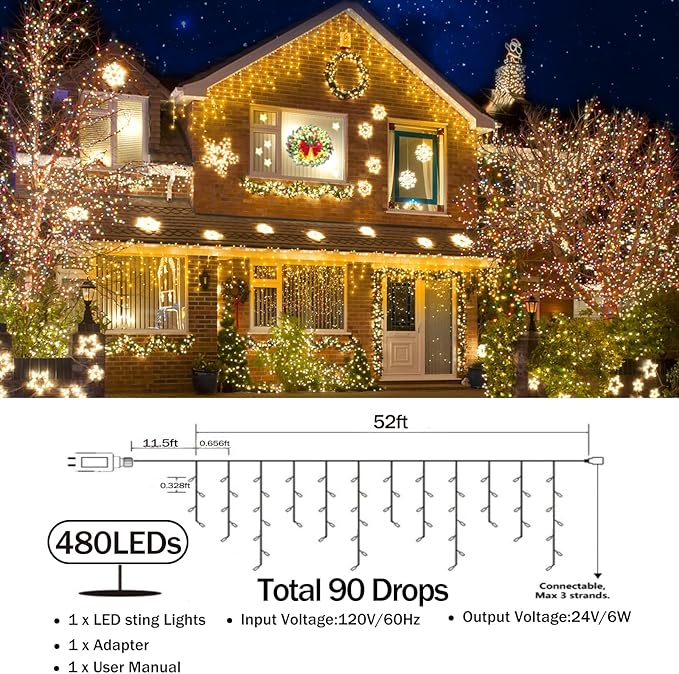52FT Christmas Lights Outdoor Decorations 480LED Fairy String Light 12 Lighting Modes with Timer Memory Waterproof Christmas Light for Yard Roof Party Holiday Wedding Garden Decor