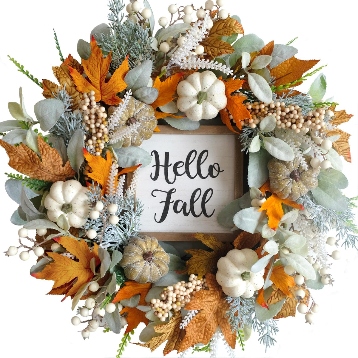 CIR OASES 20inch Thanksgiving Fall Wreath, Eucalyptus Berries Pumpkins Lamb Ears Leaves Autumn Wreaths for Front Door, Fall Decor, Porch Wall, Home Outdoor Holiday Decorations Wreath for Autumn