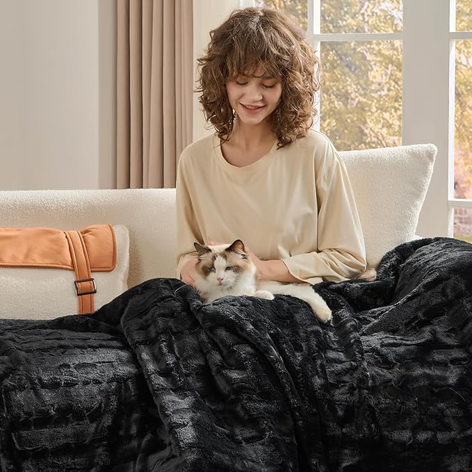 Krifey Black Faux Fur Blanket for Bed, 3D Marble Texture Soft Cozy Fuzzy Plush Thick Warm Blanket, Faux Rabbit Fleece, Christmas Birthday Gifts for Men Dad, Cool Black, 60x80in