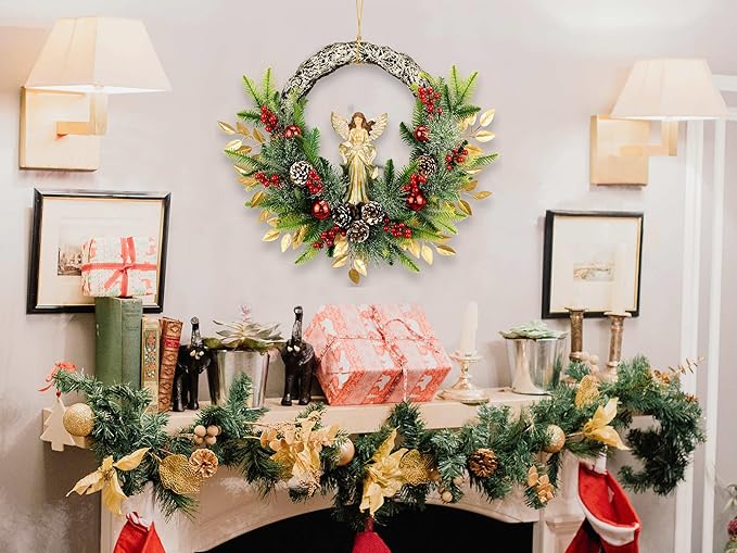 YULETIME 24" Angel Christmas Wreath, Artificial Holiday Wreath with Resin Angel Statue, Natural Rattan Ring & Pine Cones, Golden Leaves, Red Baubles, Spruce Branches, Snowy Pine Needles
