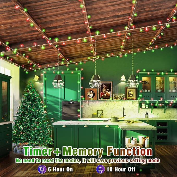 300 LED Christmas Lights Outdoor 100ft Extra Long Christmas String Lights 8 Modes Plug in Waterproof Fairy Lights with Timer Memory for Indoor Outside Bedroom Home Party Decoration, Red&Green