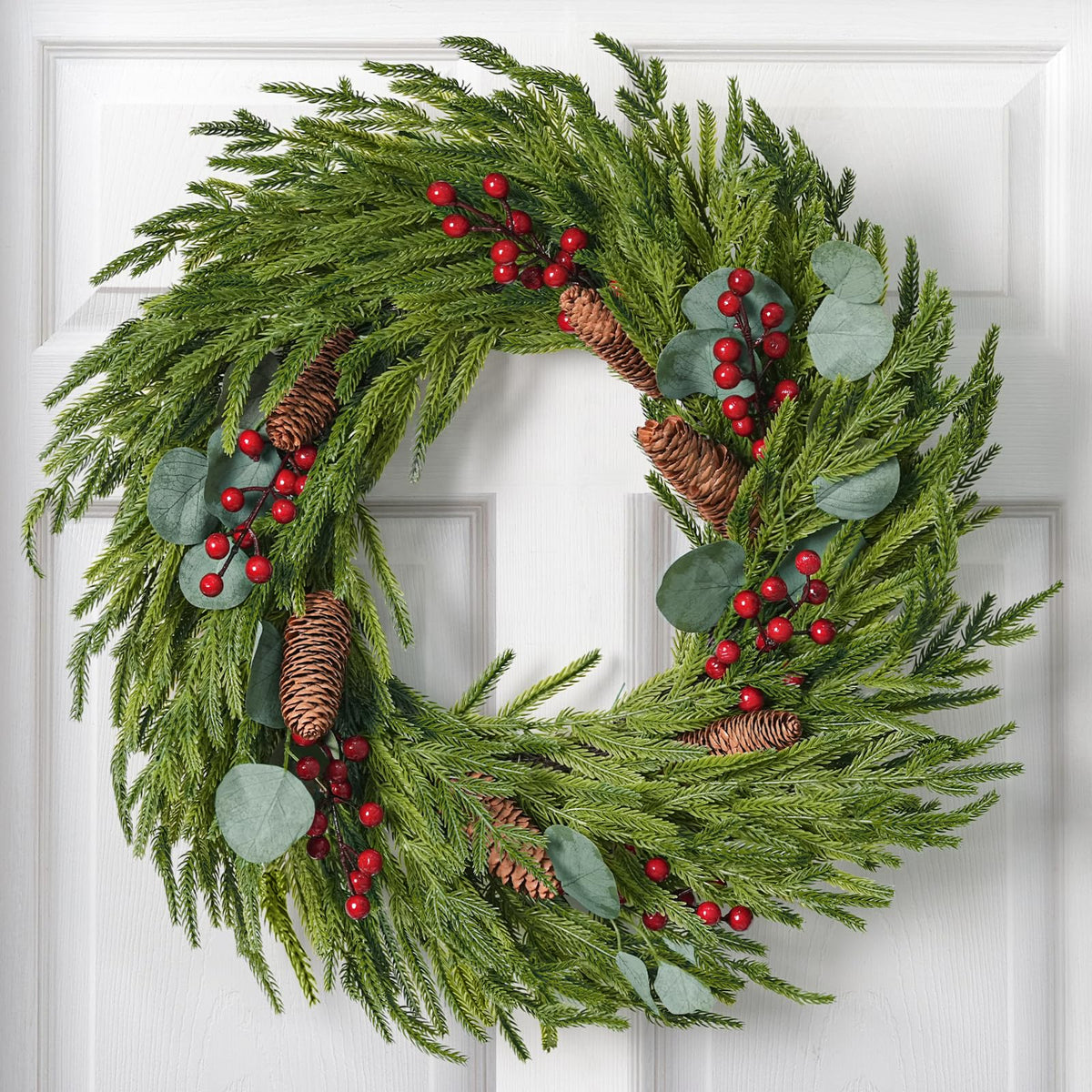 Christmas Decorations - 22 Inch Artificial Norfolk Pine Christmas Wreath with Pine Cones, Eucalyptus, and Red Berries Perfect for Front Door - Indoor Outdoor Holiday Decor for Mantle, Wall, Window