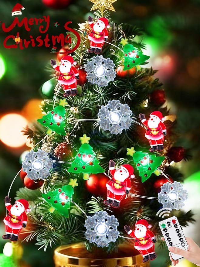 Christmas String Lights Decoration, 10ft 30LED Christmas Tree Santa Snowflake Fairy Lights Battery Operated with Remote, 8 Modes & Timer, Twinkle Light for Xmas Tree Party Indoor Outdoor Decoration