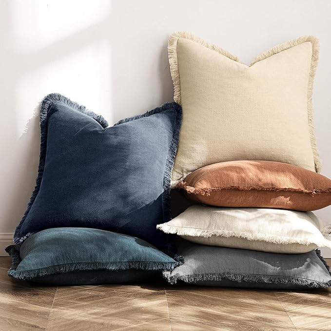 MIULEE Christmas Decorative Throw Pillow Covers Neutral Linen Fringe Throw Pillows Set of 2 Indigo Blue Boho Farmhouse Cushion Covers Coastal Decor for Couch Sofa Bed Living Room Decor 18x18 Inch